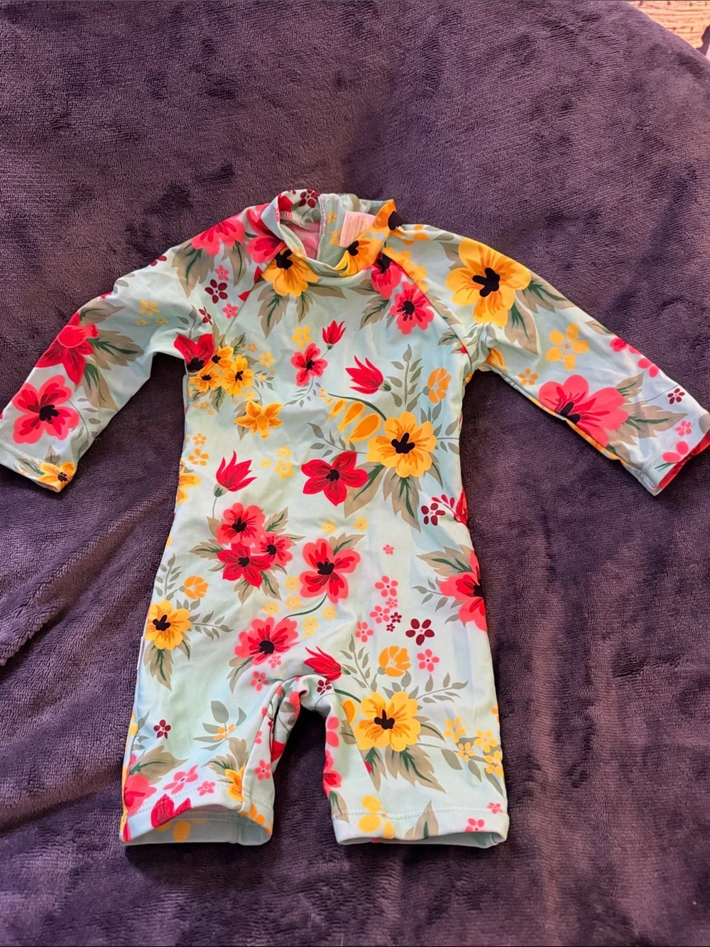 Girls' Floral Long-Sleeve One-Piece Swimsuit in Mint with Pink & Yellow Flowers